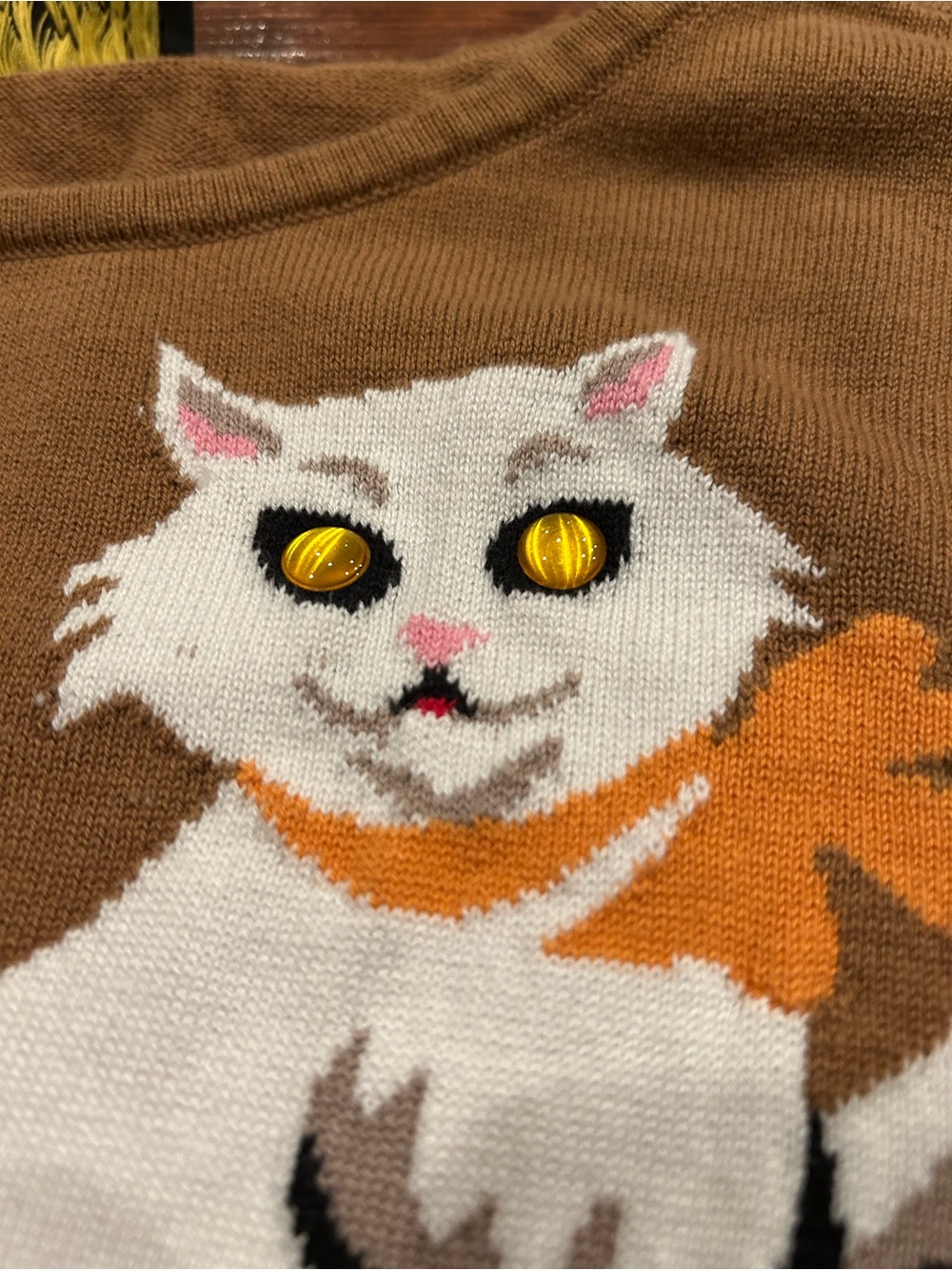 Bob Mackie Wearable Art Cat Sweater Jewel Eyes Womens Size Large Brown - Picture 4 of 7